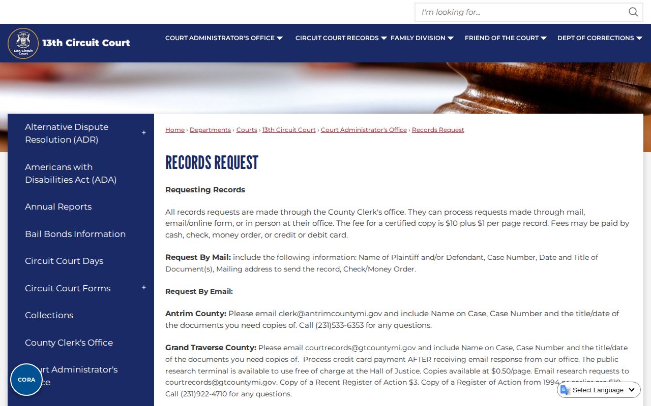 Grand Traverse County release-related court record request page