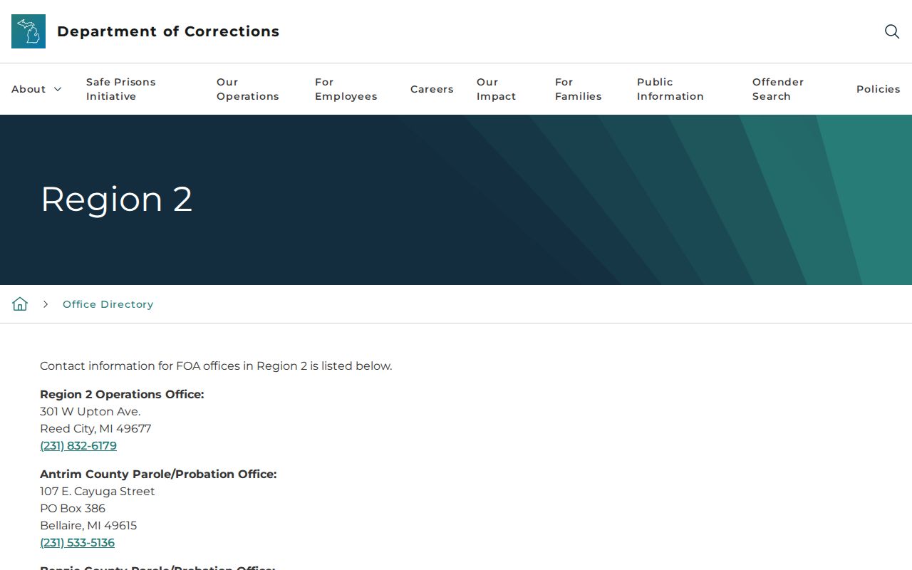 Grand Traverse County parole and probation office in the MDOC Region 2 directory