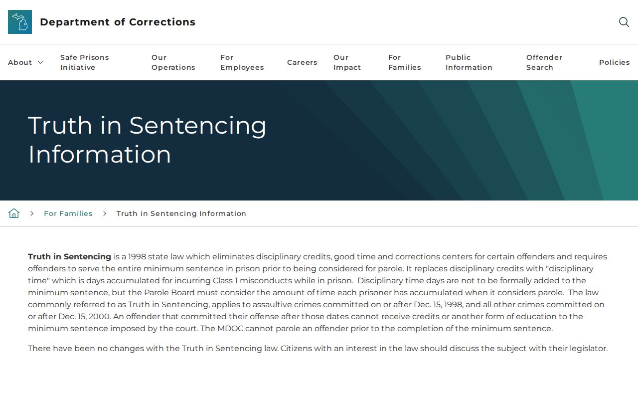 Michigan full minimum truth in sentencing rule for Grand Traverse County release dates